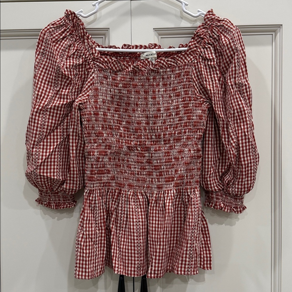 Max Studio Red Gingham Smocked Milkmaid cottagecore fairy Coquette Top—Small
